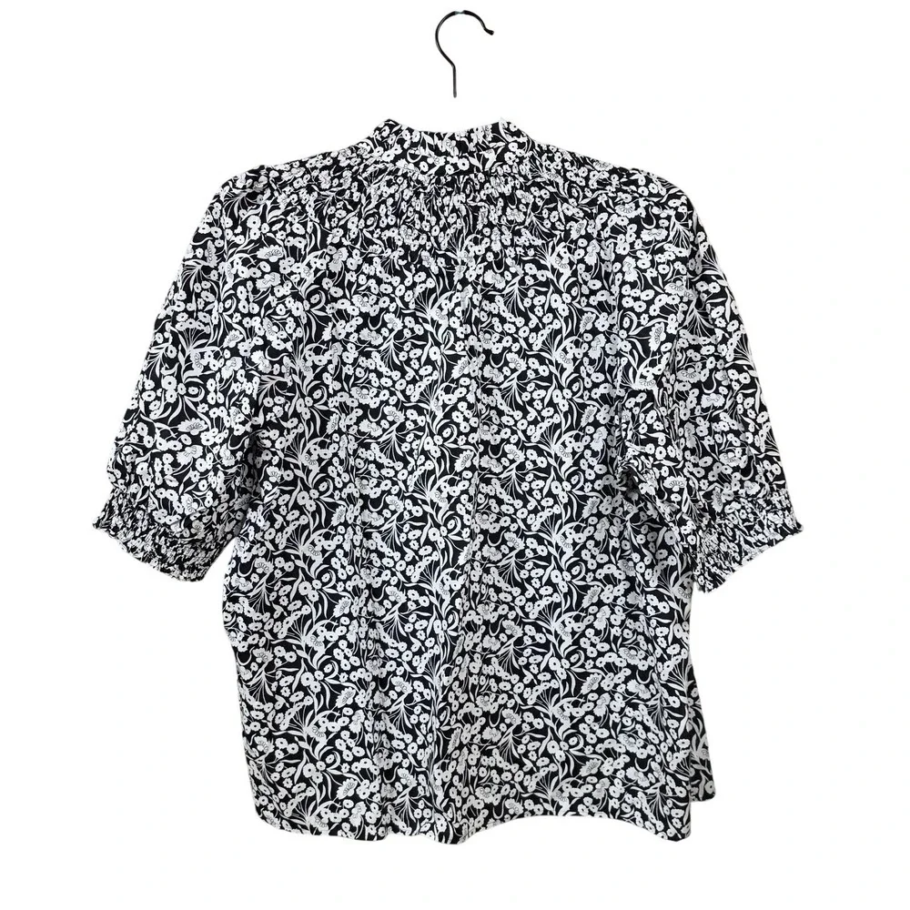 Boden Blouse Women 14 Black White Floral High Neck Puff Sleeve Cotton Spring